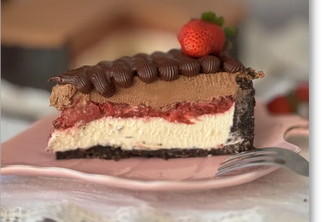Fatia da torta Morango Sabor da Infância com camadas de cremoso de leite em pó e morango